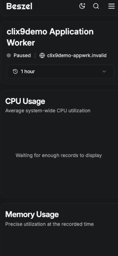 Application Worker Metrics Focused View Crop - mobile dark in the Beszel interface