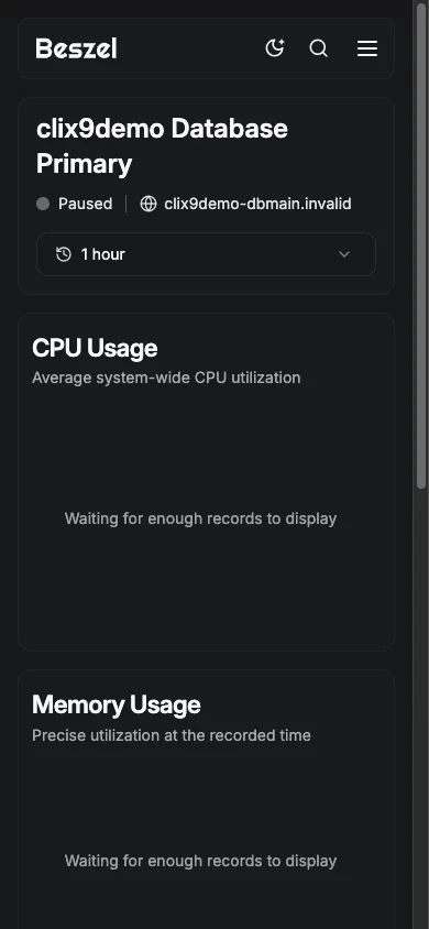 Database Metrics Overview - mobile dark in the Beszel interface