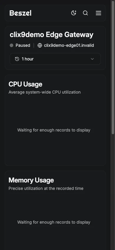 Edge Gateway Metrics Overview - mobile dark in the Beszel interface