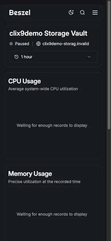 Storage Metrics Overview - mobile dark in the Beszel interface