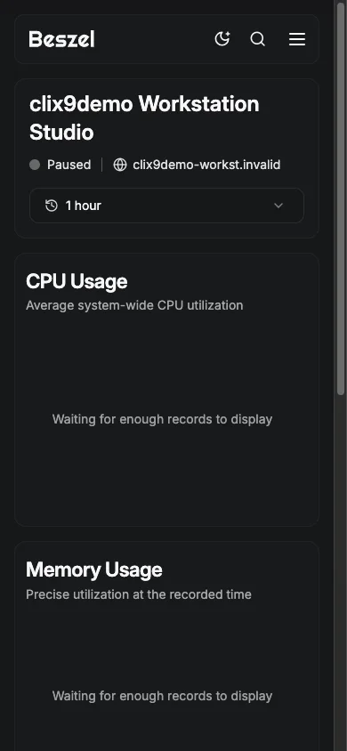 Workstation Metrics Overview - mobile dark in the Beszel interface