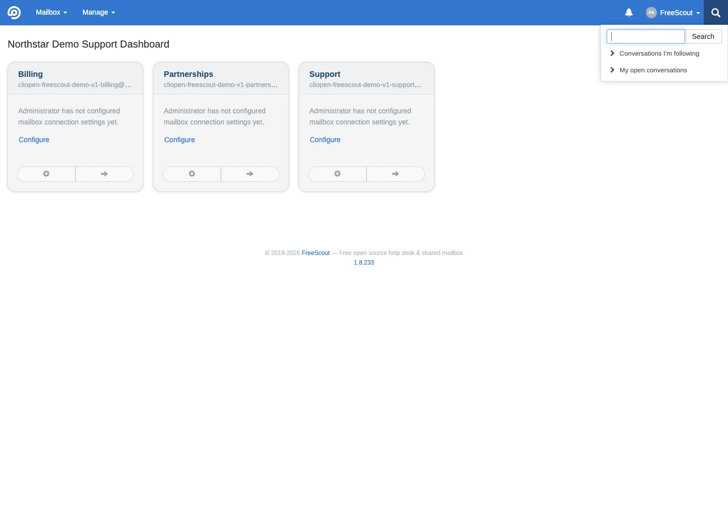 Global search menu in the FreeScout desktop interface