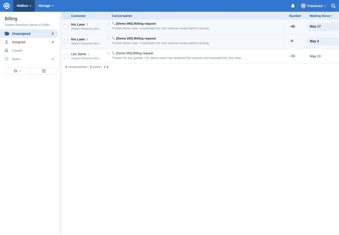 Billing unassigned queue in the FreeScout desktop interface