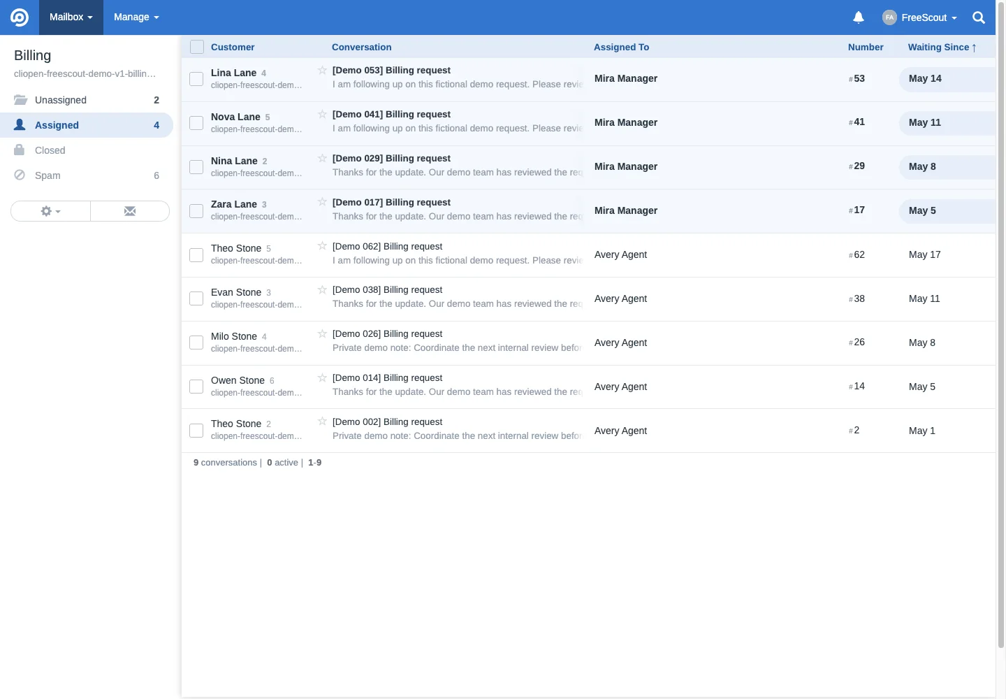 Billing assigned queue in the FreeScout desktop interface