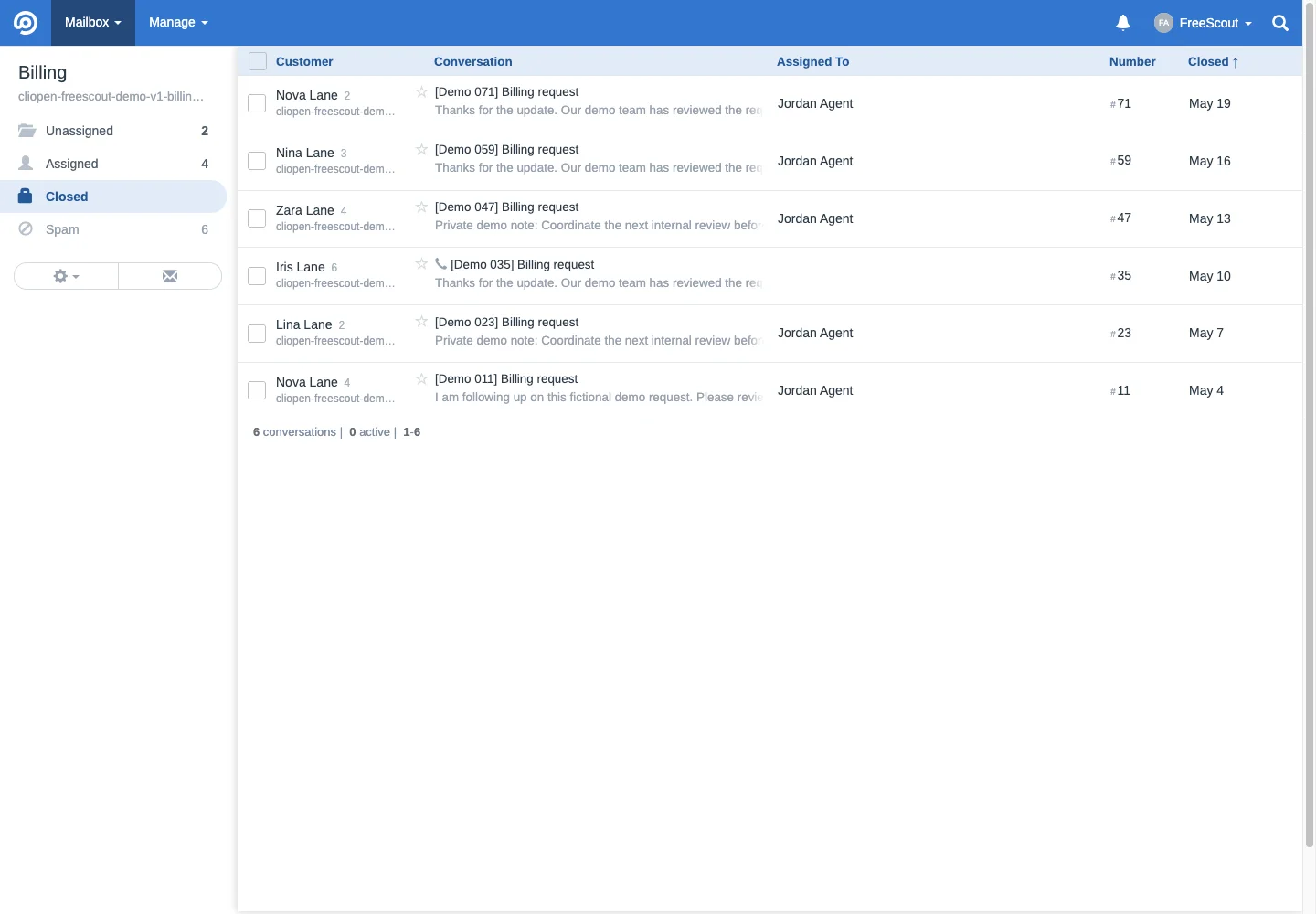 Billing closed queue in the FreeScout desktop interface