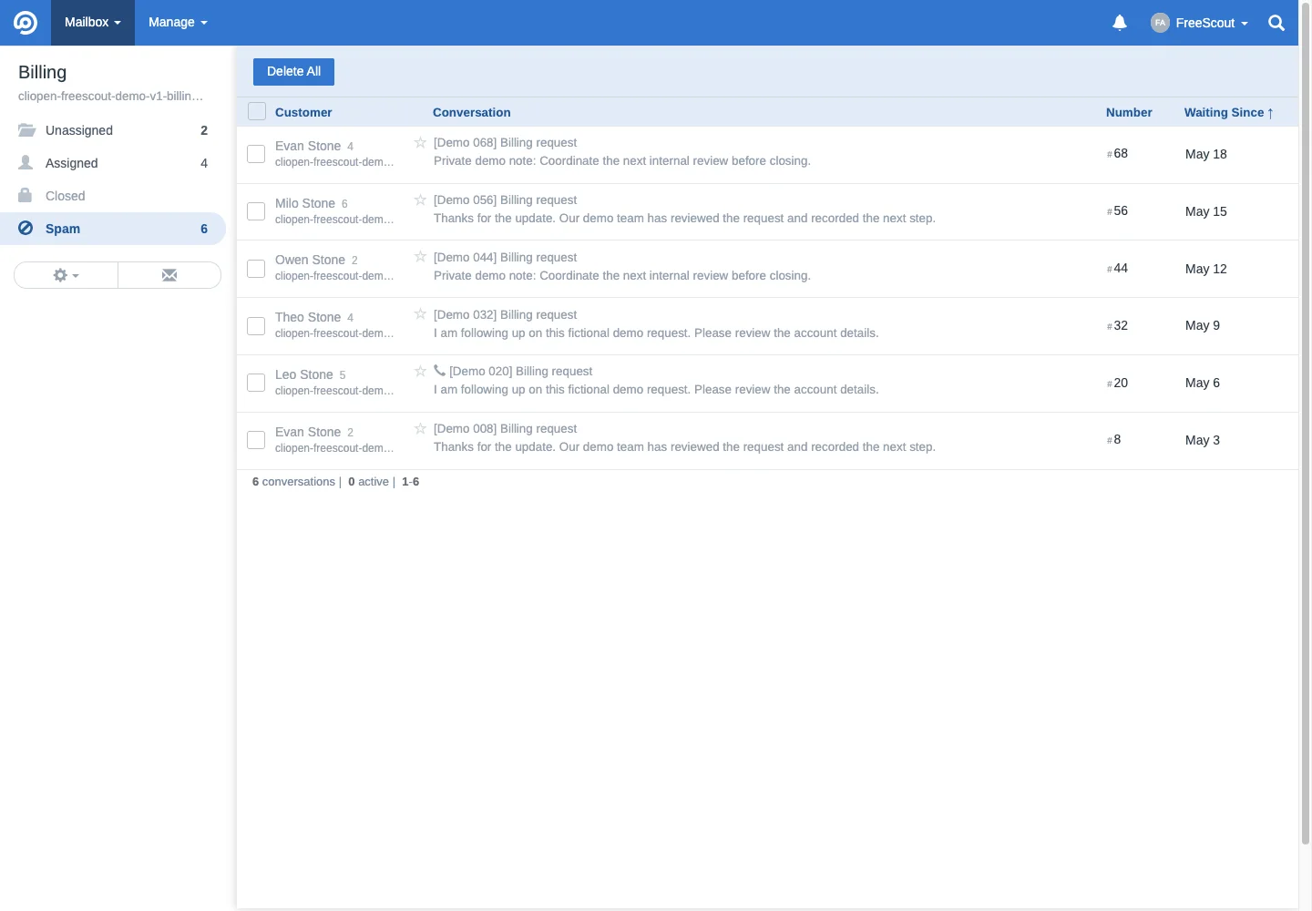 Billing spam queue in the FreeScout desktop interface
