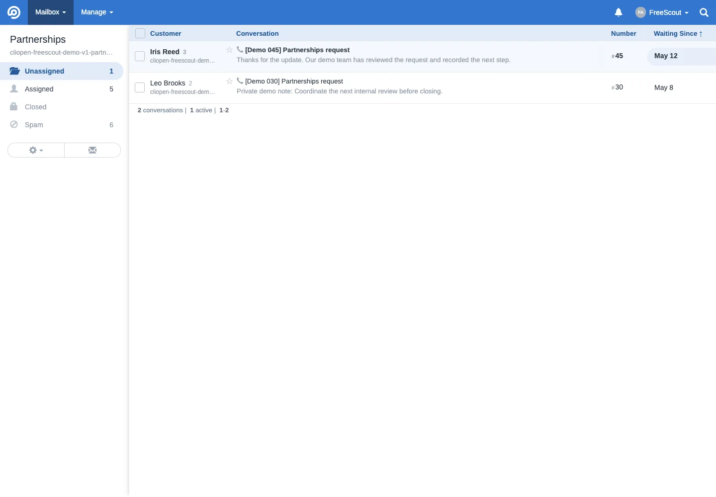 Partnerships unassigned queue in the FreeScout desktop interface