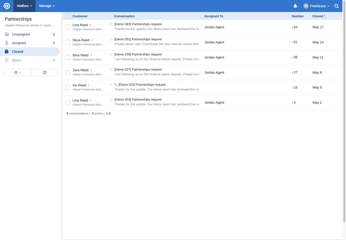 Partnerships closed queue in the FreeScout desktop interface
