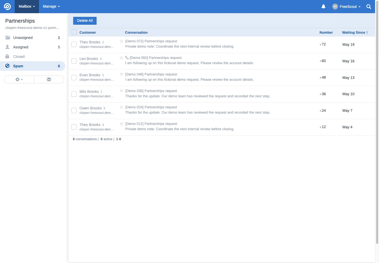 Partnerships spam queue in the FreeScout desktop interface