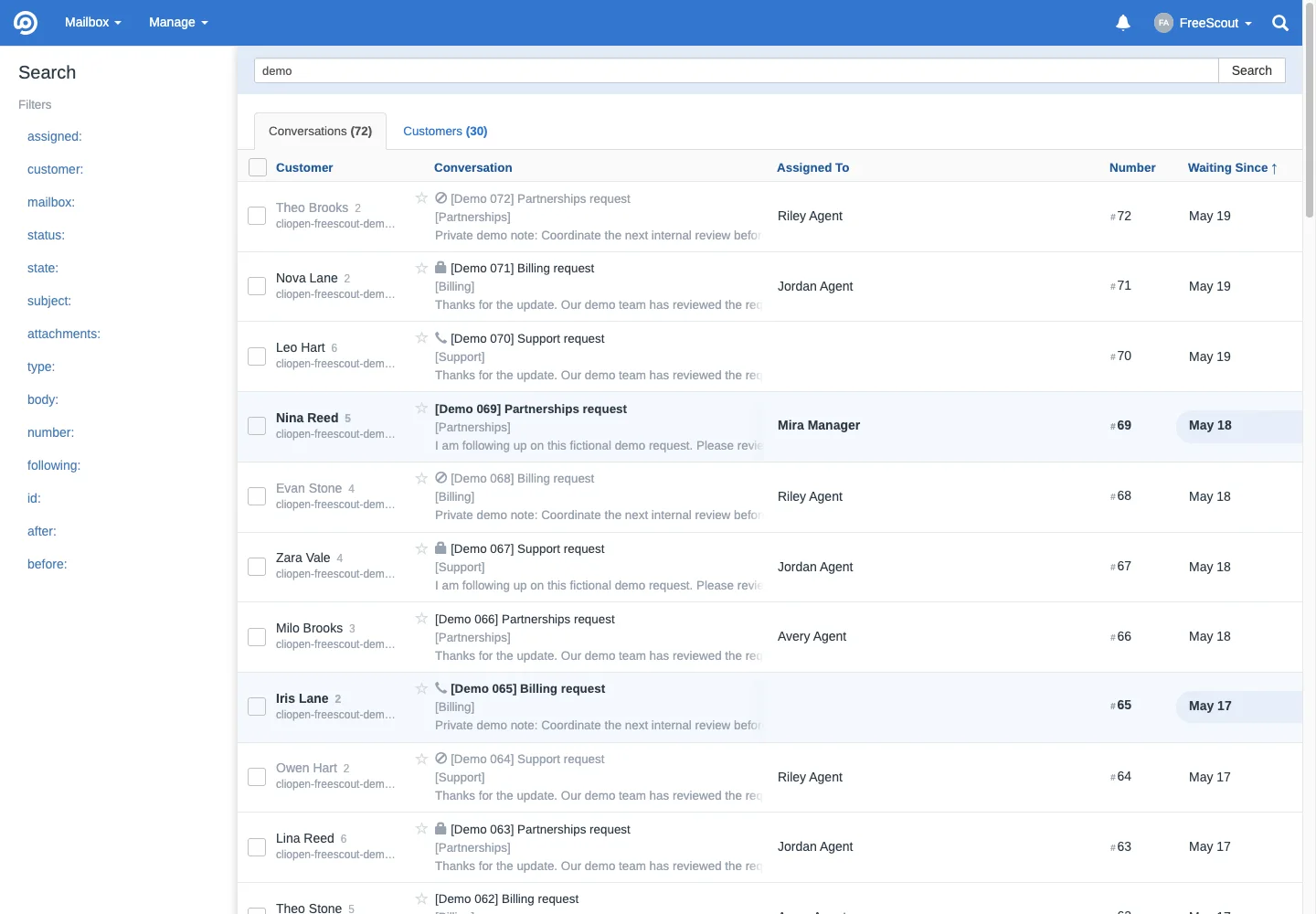Conversation search results in the FreeScout desktop interface