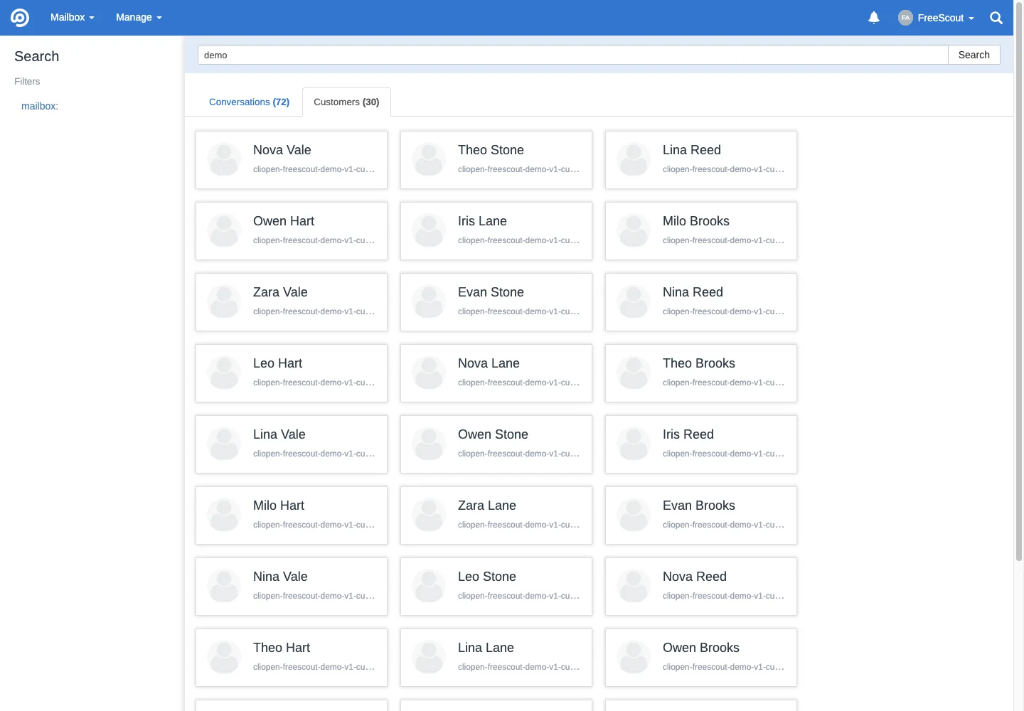 Customer directory search in the FreeScout desktop interface