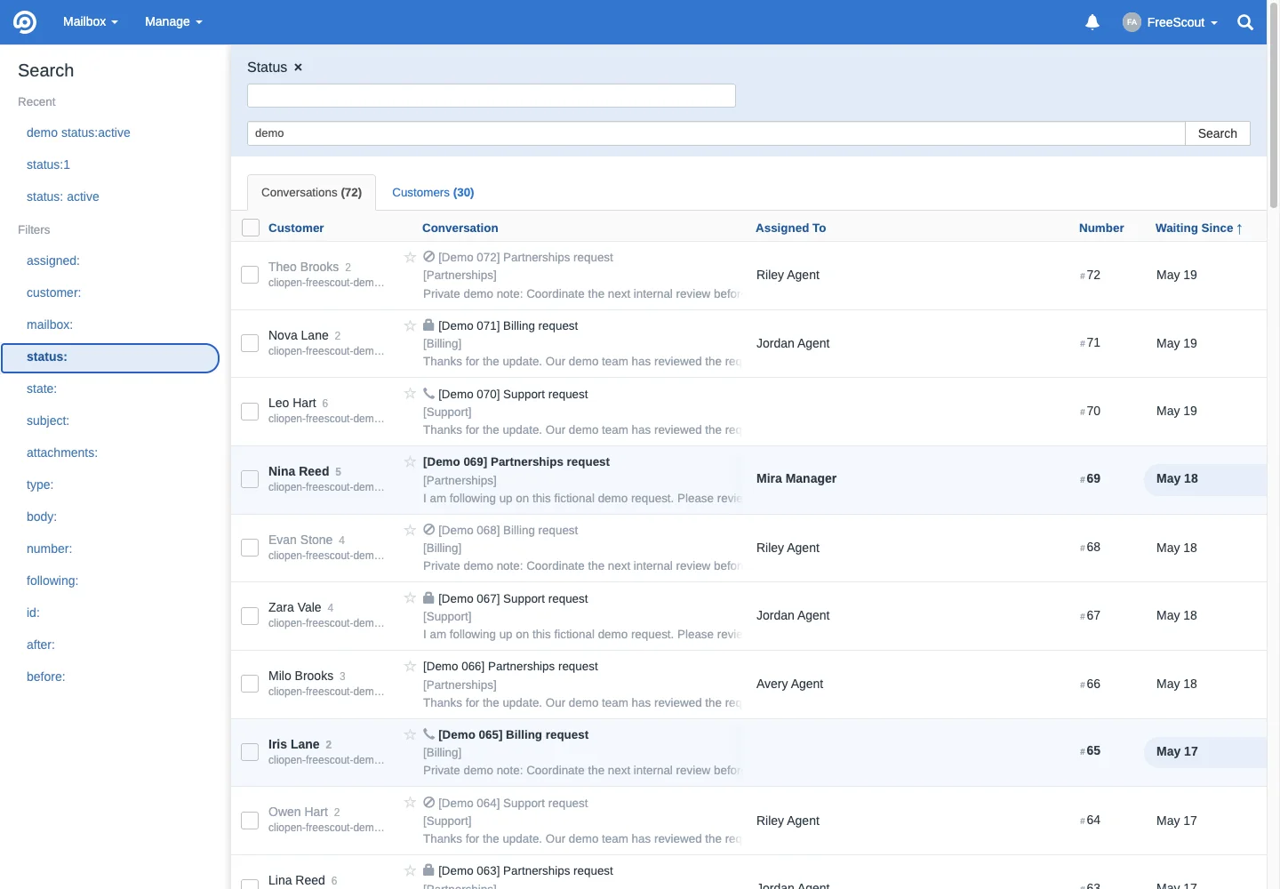 Search filter catalogue in the FreeScout desktop interface