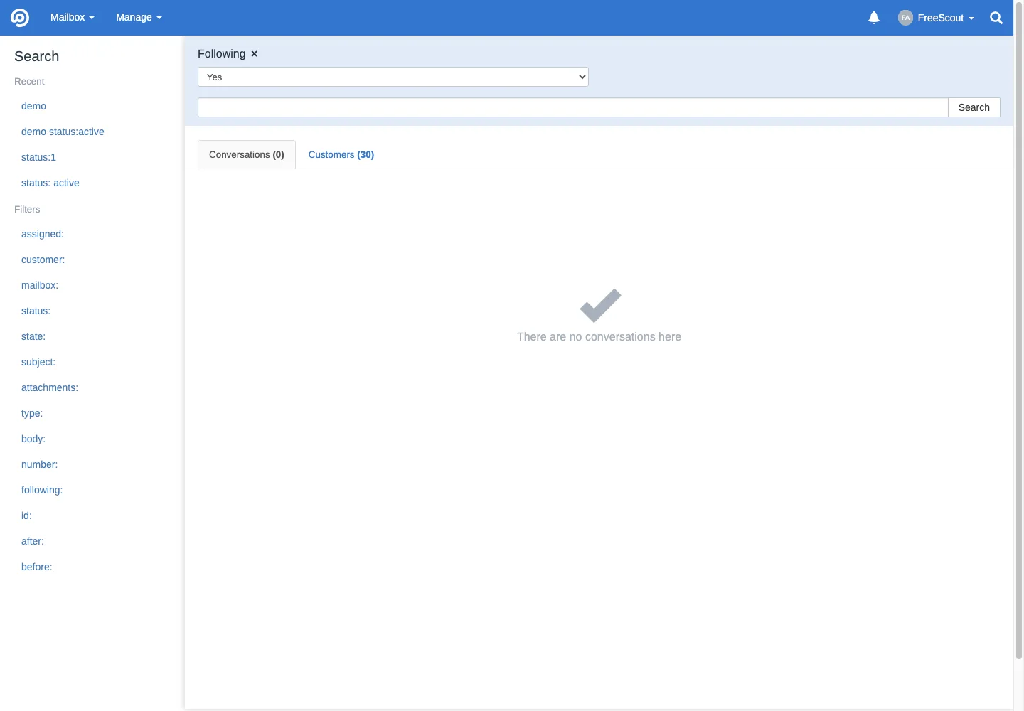 Followed conversations queue in the FreeScout desktop interface