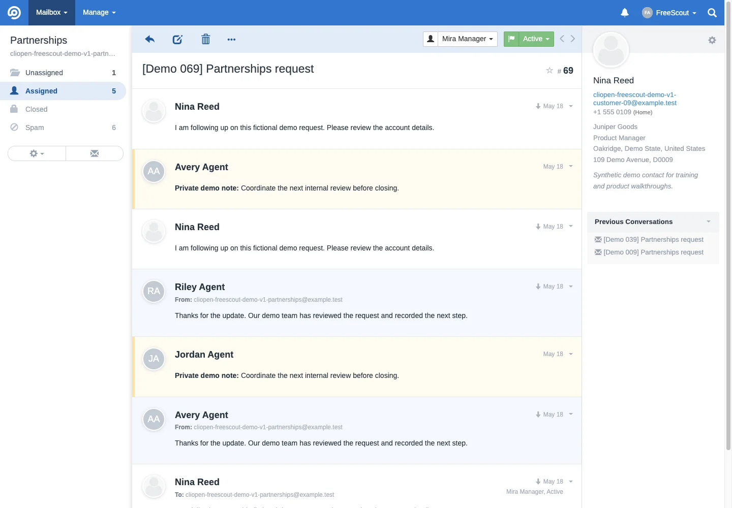 Long assigned billing conversation in the FreeScout desktop interface