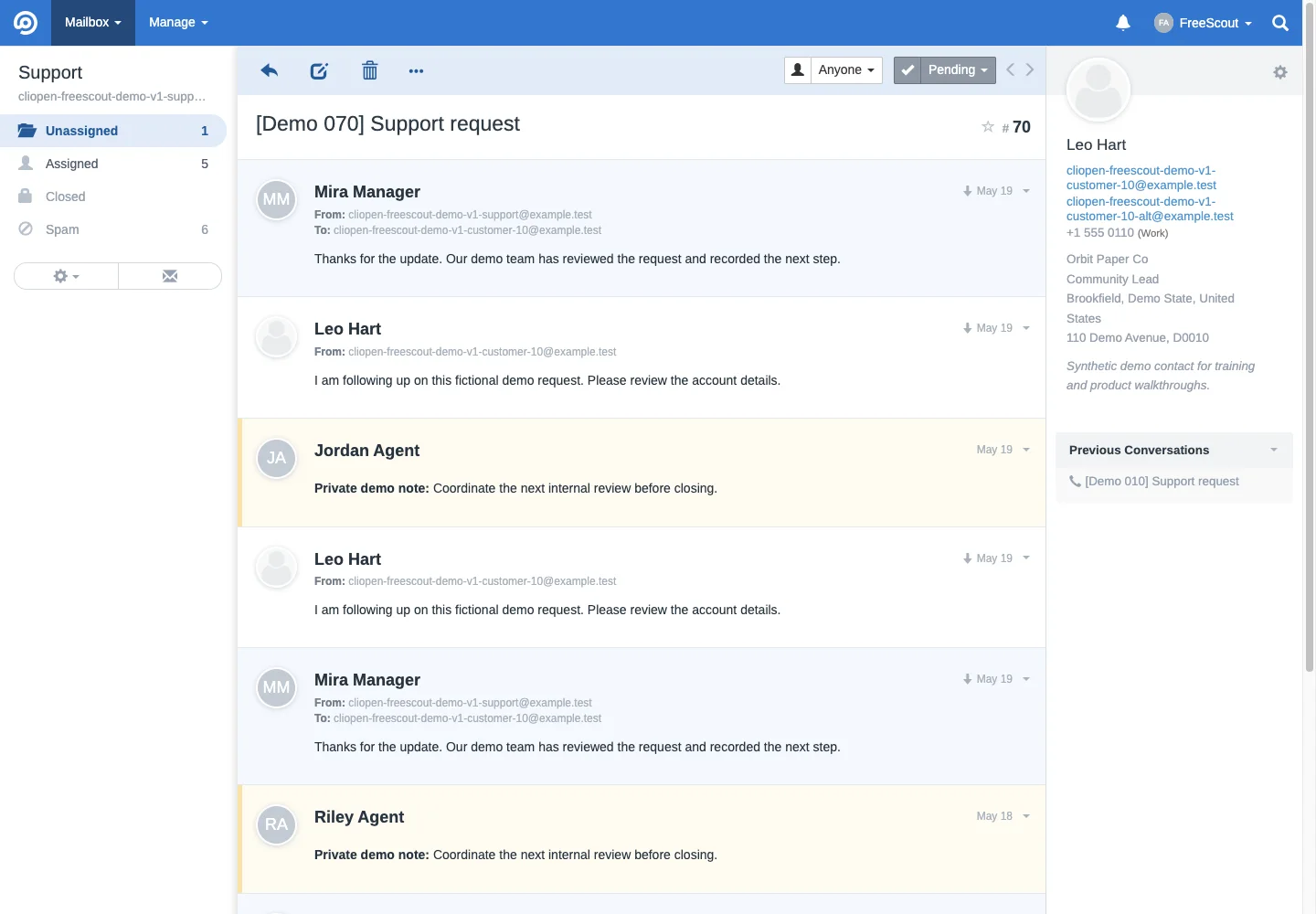 Pending partnerships phone conversation in the FreeScout desktop interface