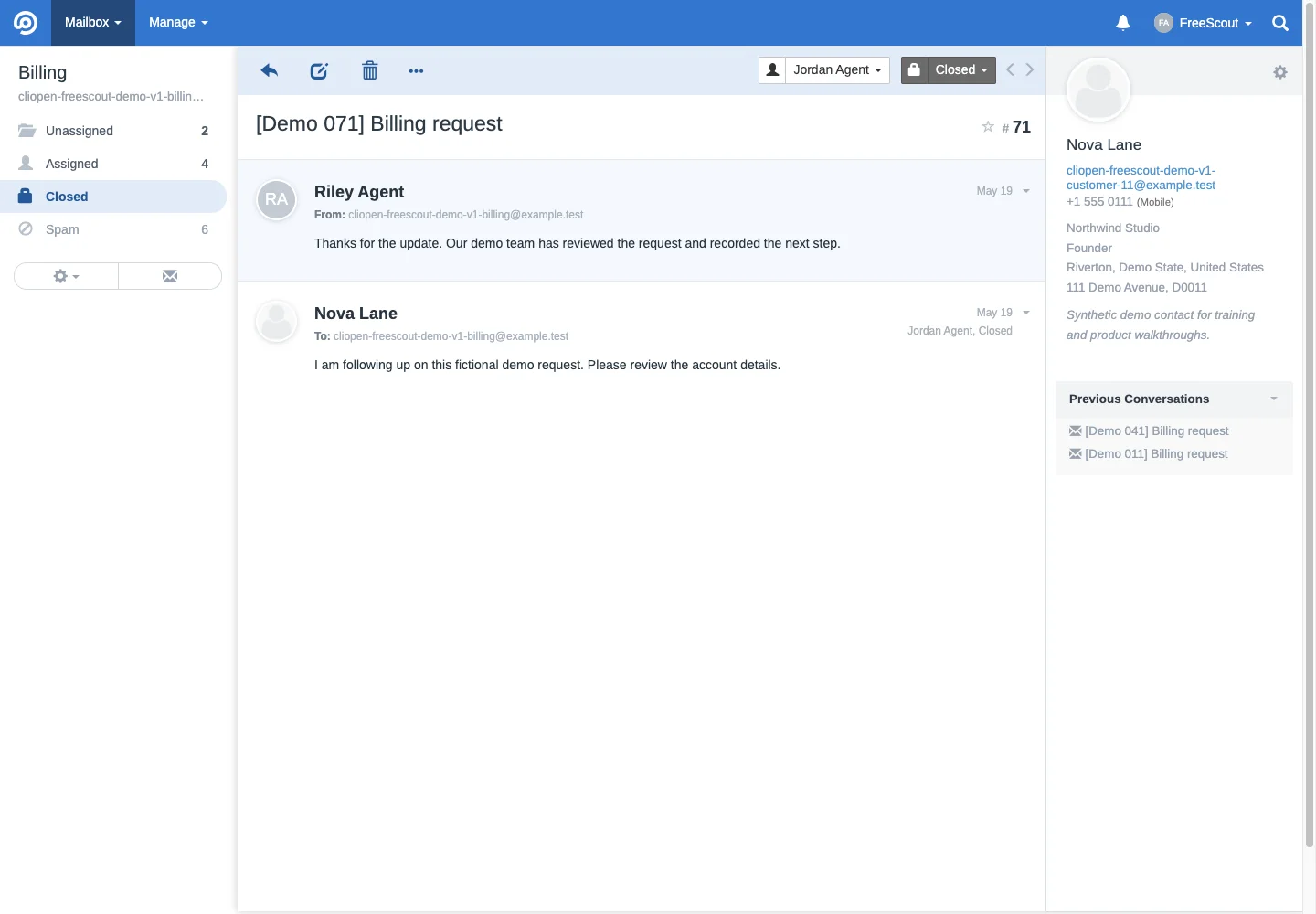 Closed partnerships email conversation in the FreeScout desktop interface