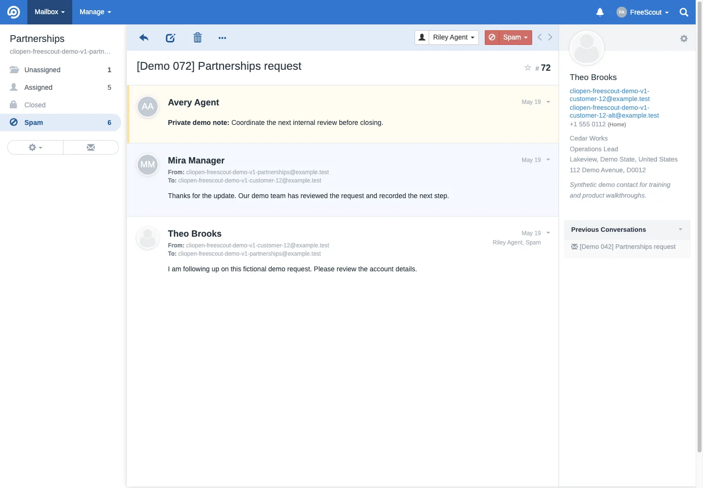 Spam support conversation with internal note in the FreeScout desktop interface