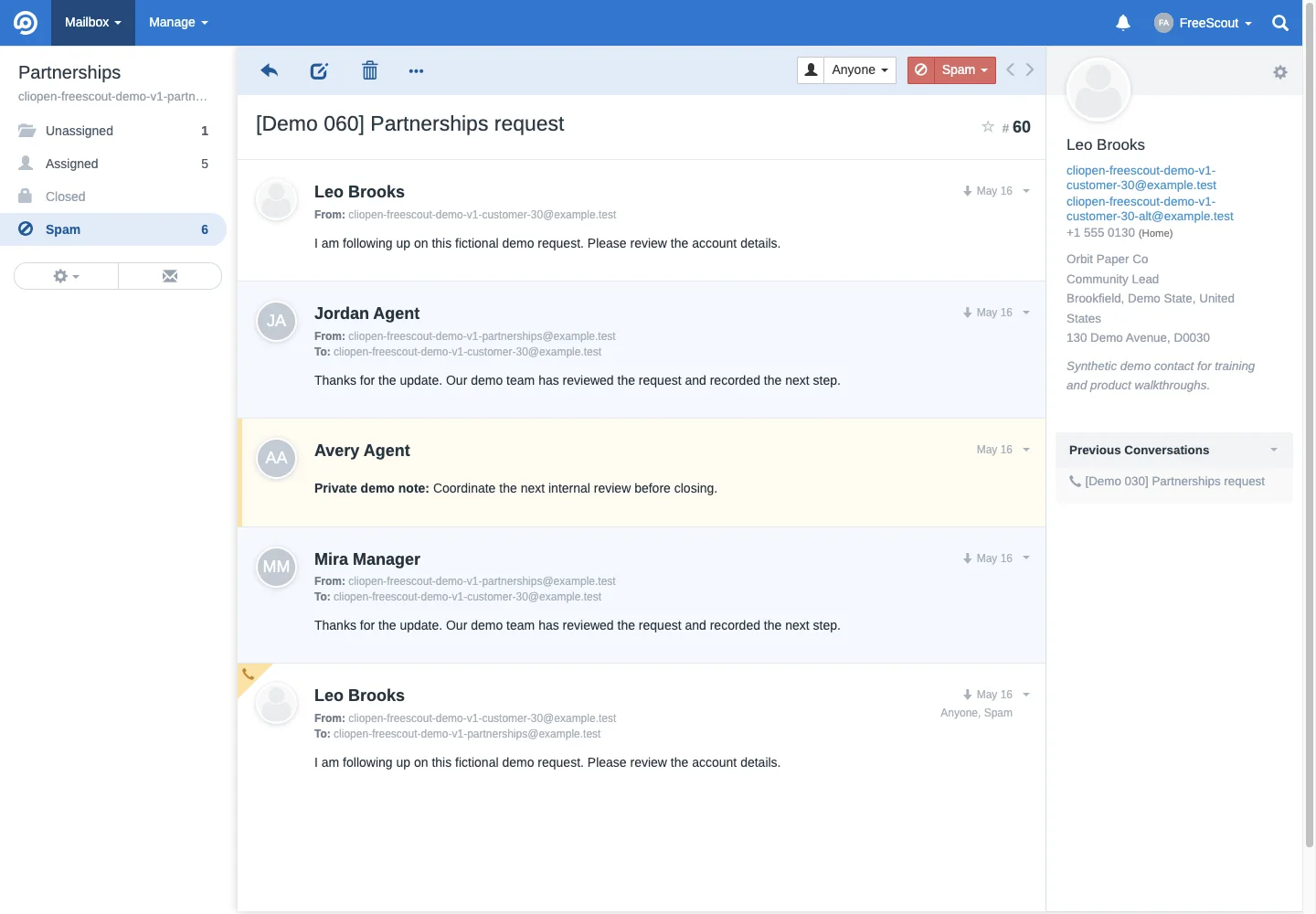 Billing phone conversation with followers in the FreeScout desktop interface