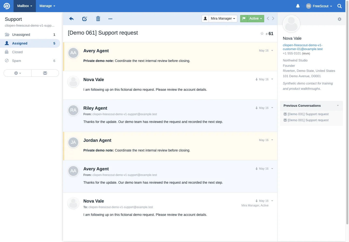 Assigned support conversation sidebar in the FreeScout desktop interface