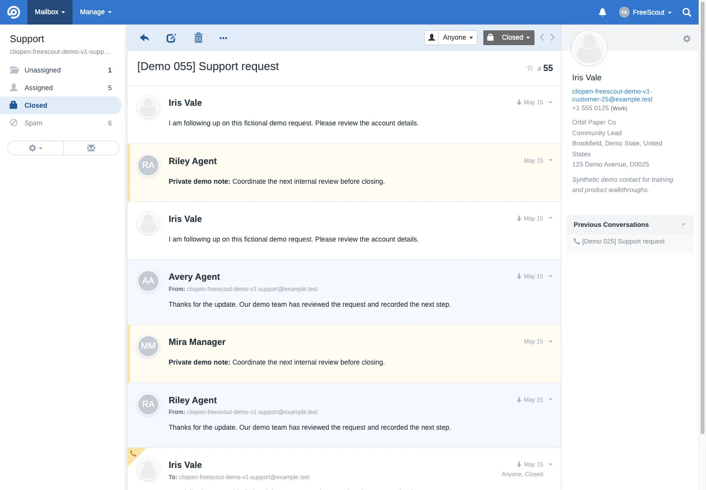 Closed billing phone conversation in the FreeScout desktop interface