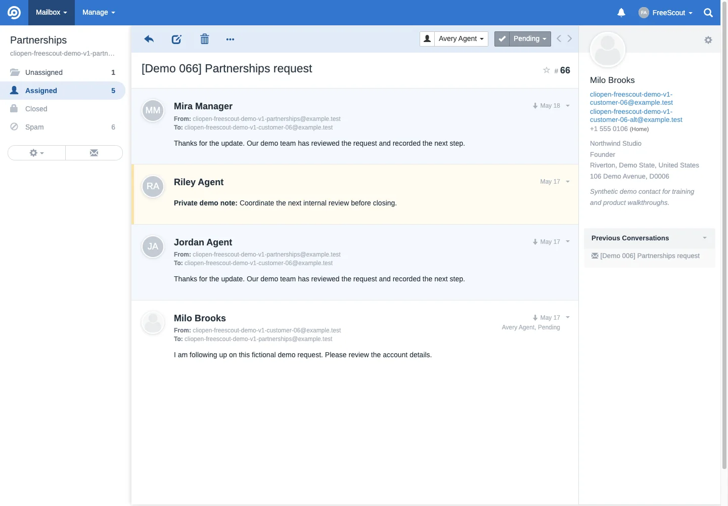 Pending assigned support email in the FreeScout desktop interface