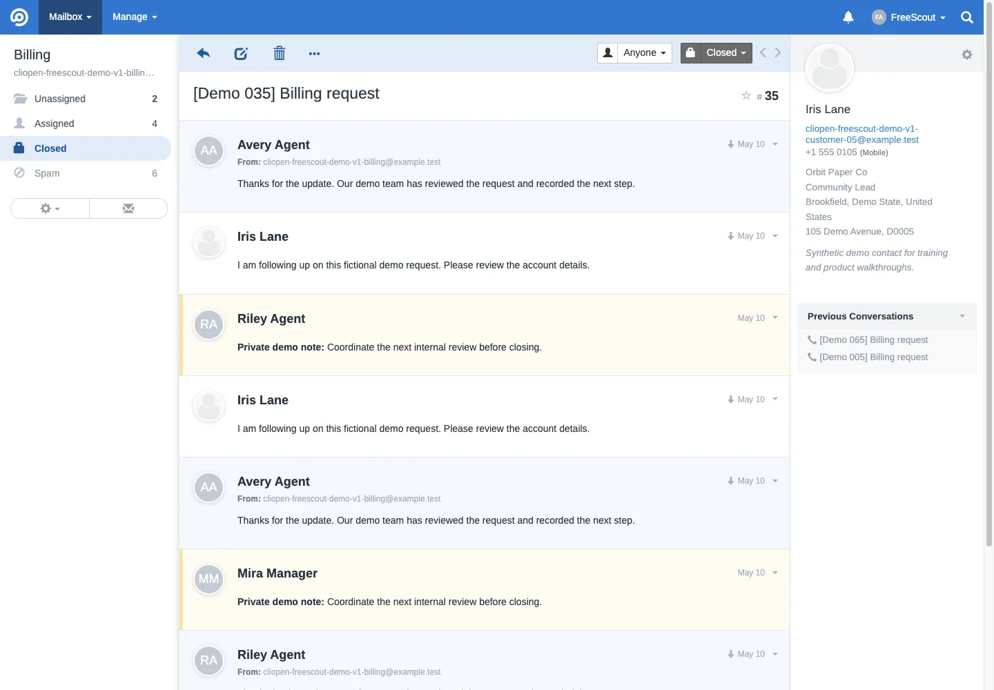 Closed conversation history sidebar in the FreeScout desktop interface