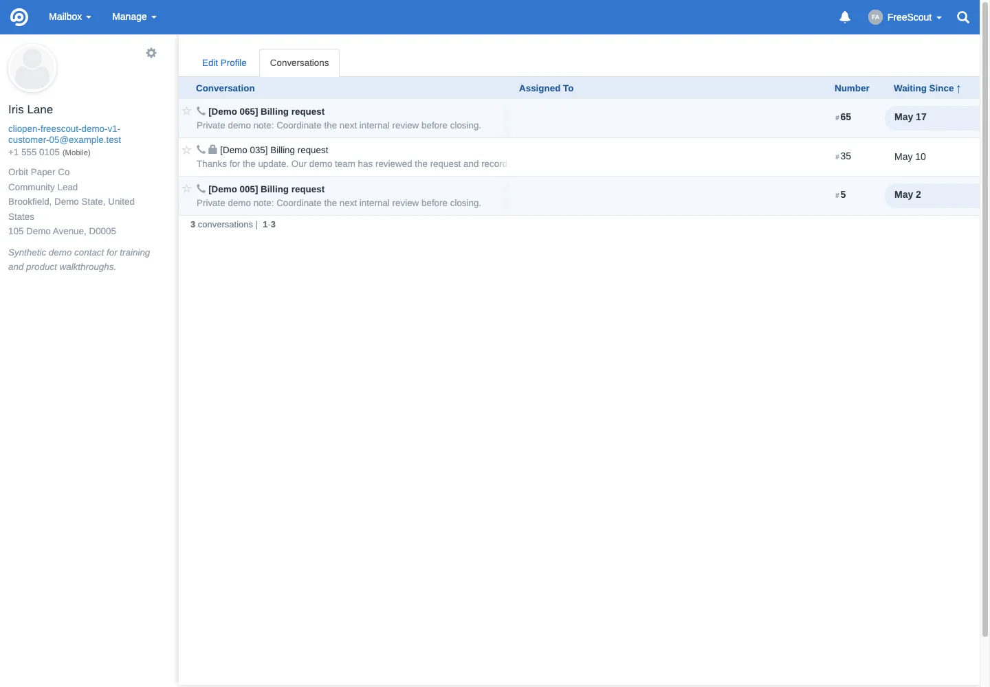 Customer conversation history in the FreeScout desktop interface
