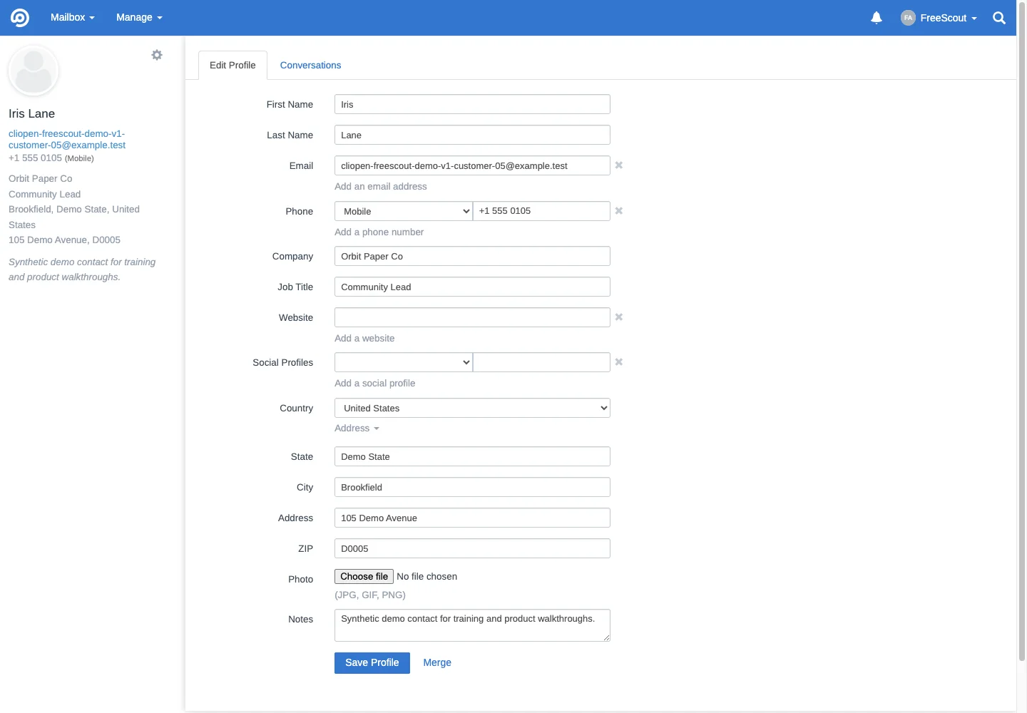 Customer profile editing in the FreeScout desktop interface