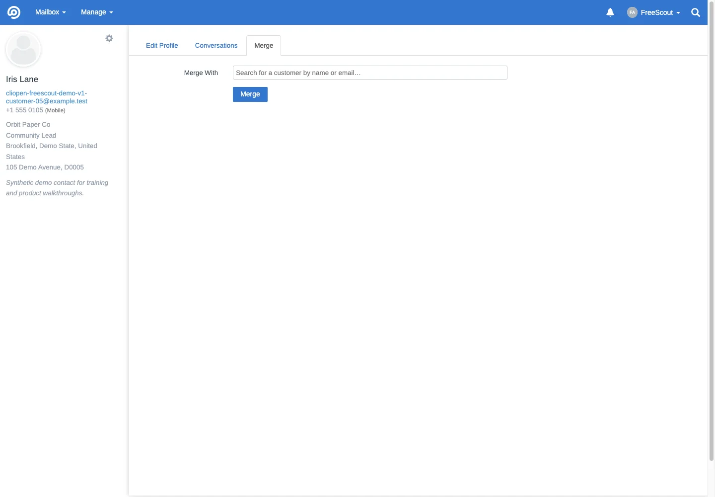 Customer profile merge in the FreeScout desktop interface