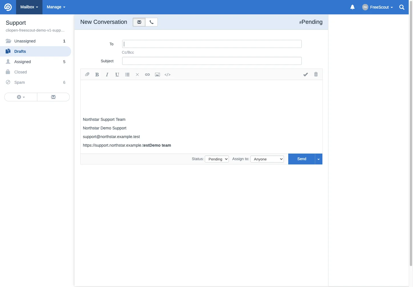New support conversation form in the FreeScout desktop interface
