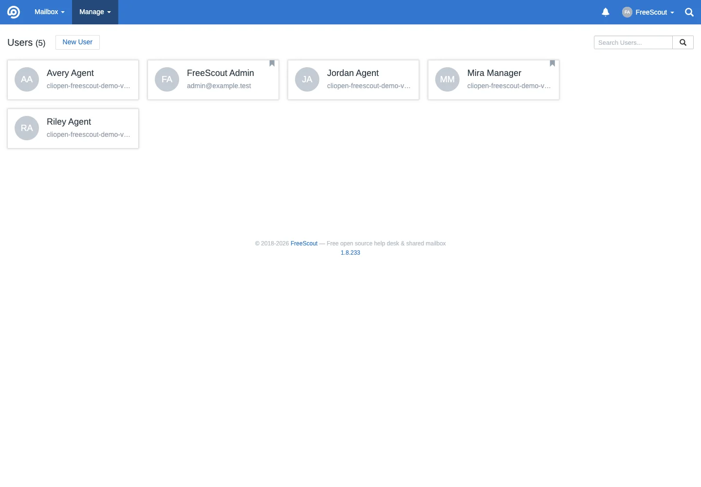 Team user directory in the FreeScout desktop interface