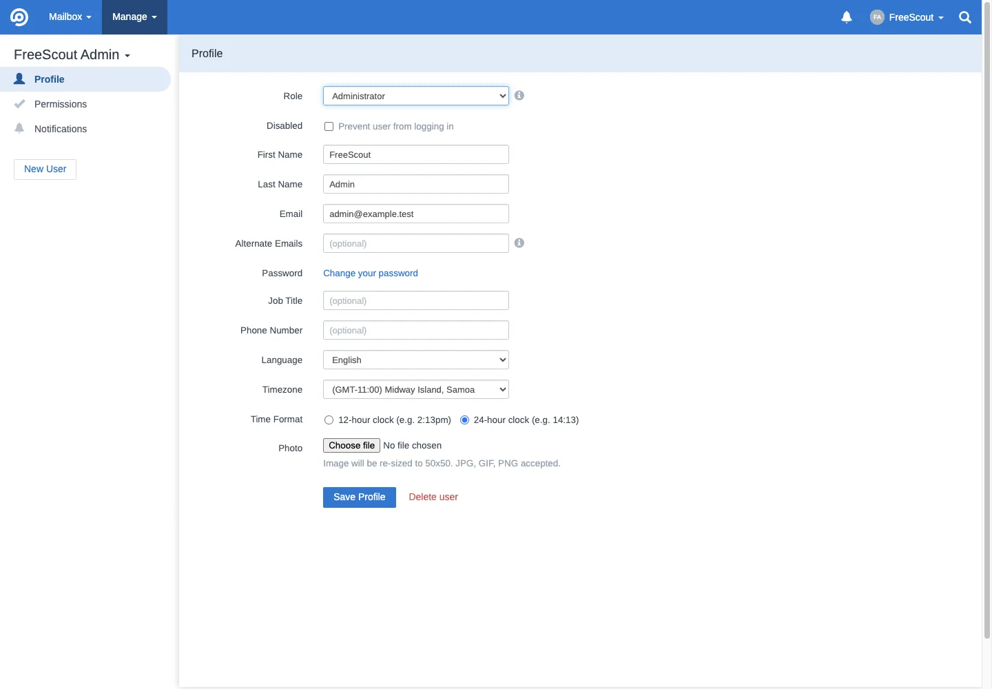 Administrator user profile in the FreeScout desktop interface