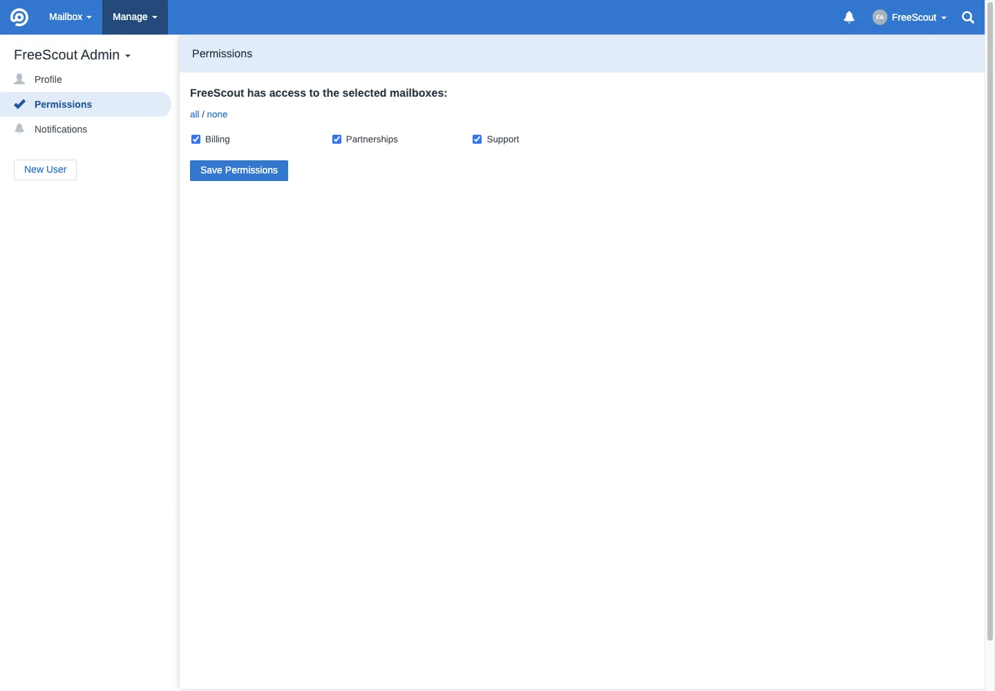 Administrator mailbox permissions in the FreeScout desktop interface