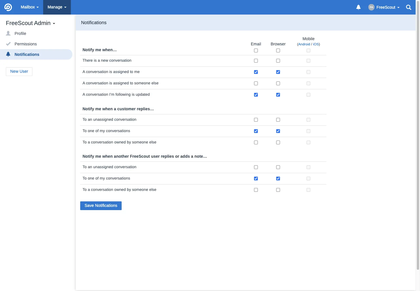 Administrator notification preferences in the FreeScout desktop interface