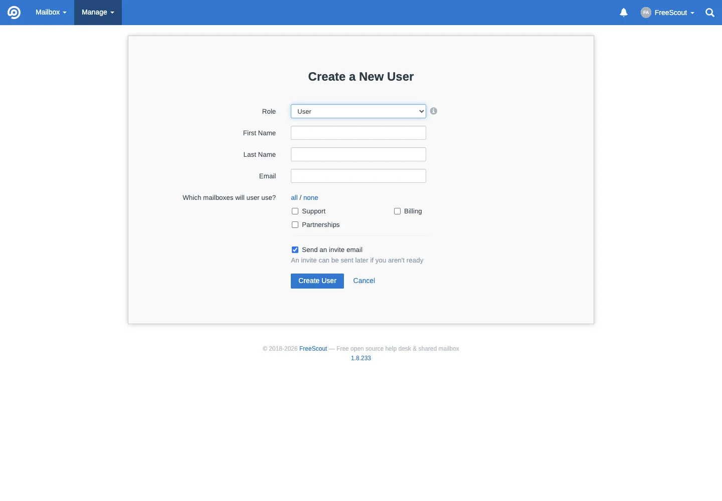 New user creation form in the FreeScout desktop interface