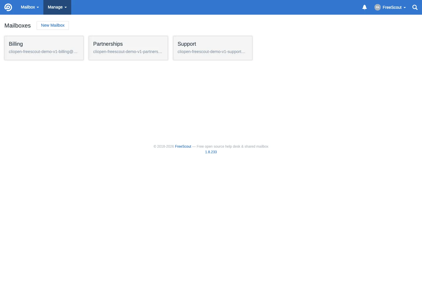 Mailbox administration overview in the FreeScout desktop interface