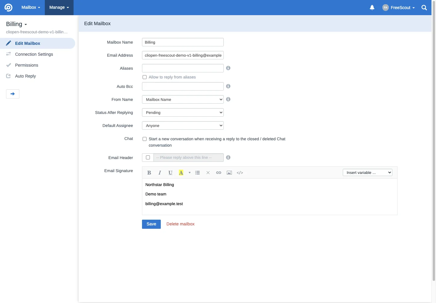 Billing mailbox general settings in the FreeScout desktop interface