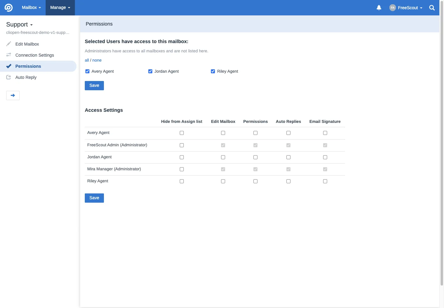 Support mailbox access permissions in the FreeScout desktop interface