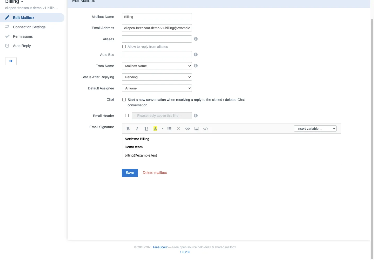 Billing mailbox signature in the FreeScout desktop interface