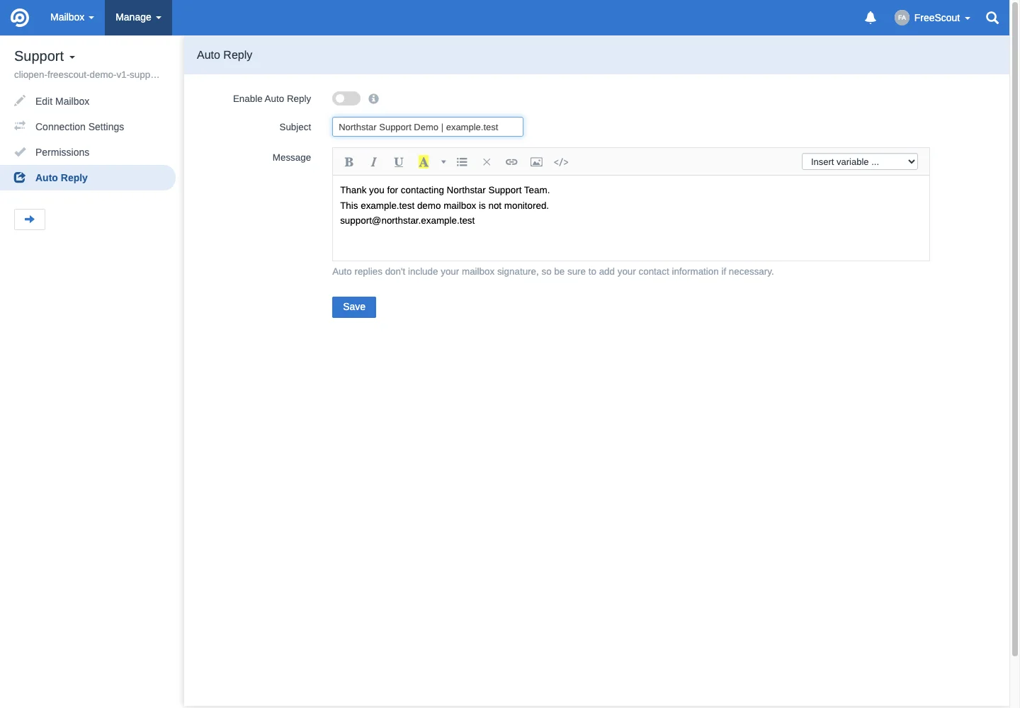 Disabled support auto-reply in the FreeScout desktop interface