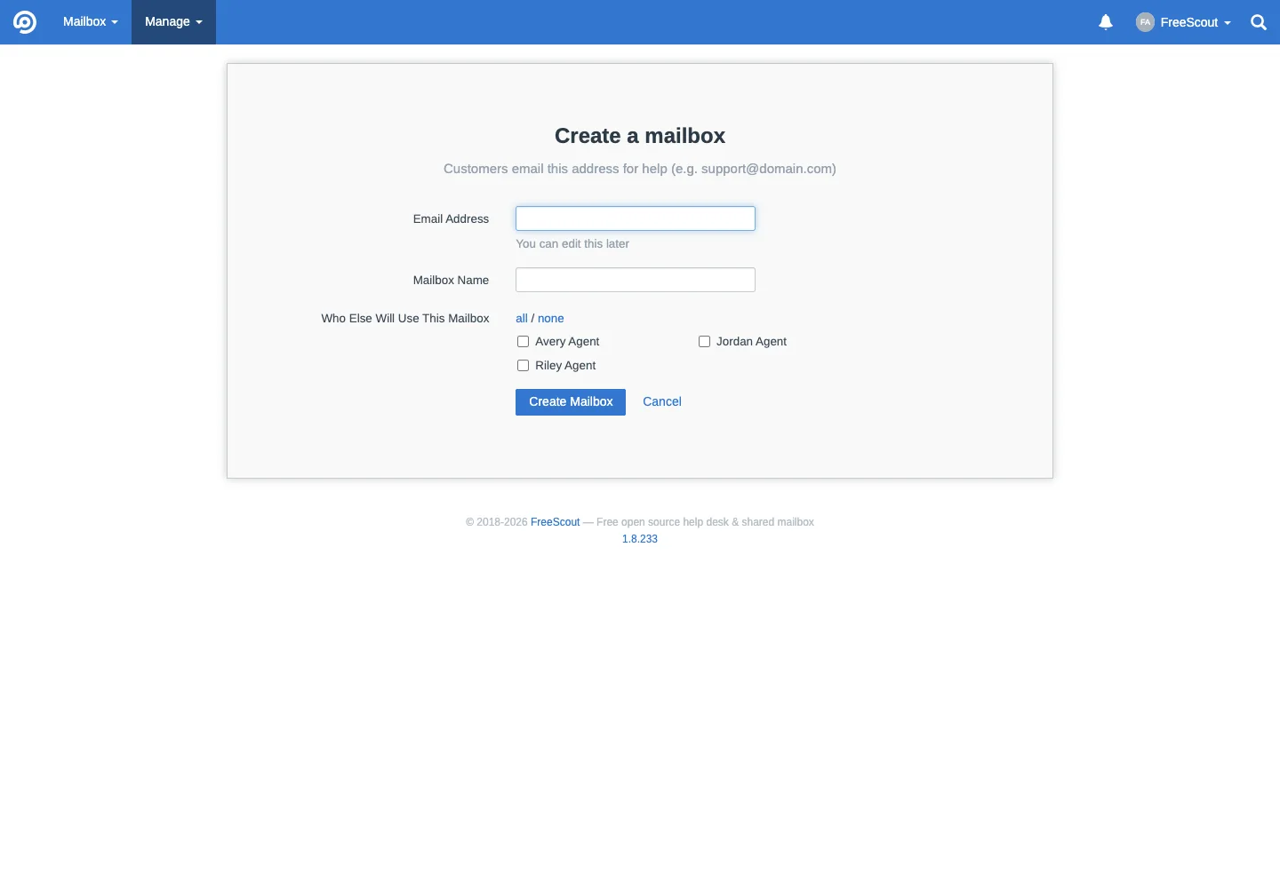 New mailbox creation form in the FreeScout desktop interface