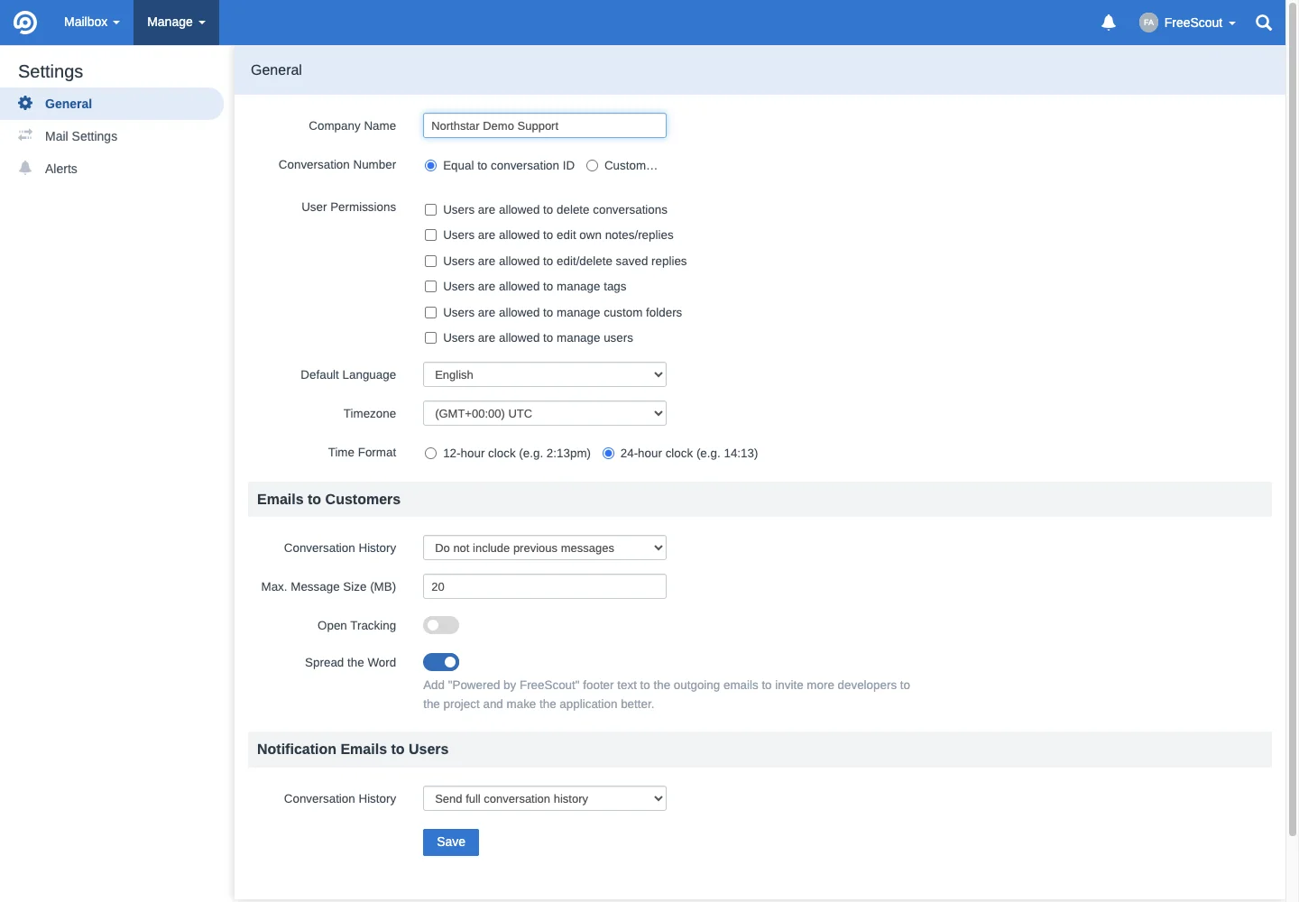 General application settings in the FreeScout desktop interface