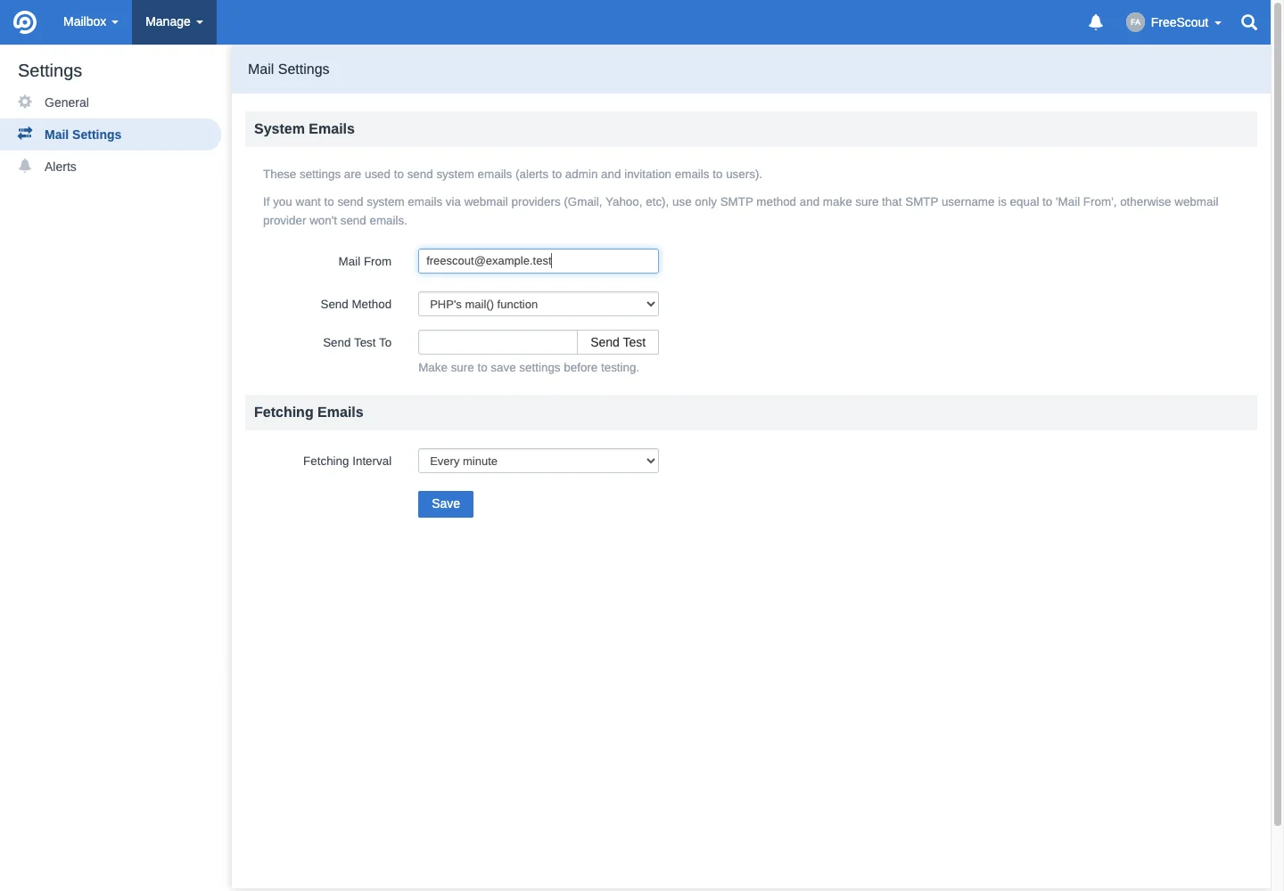 System mail settings in the FreeScout desktop interface