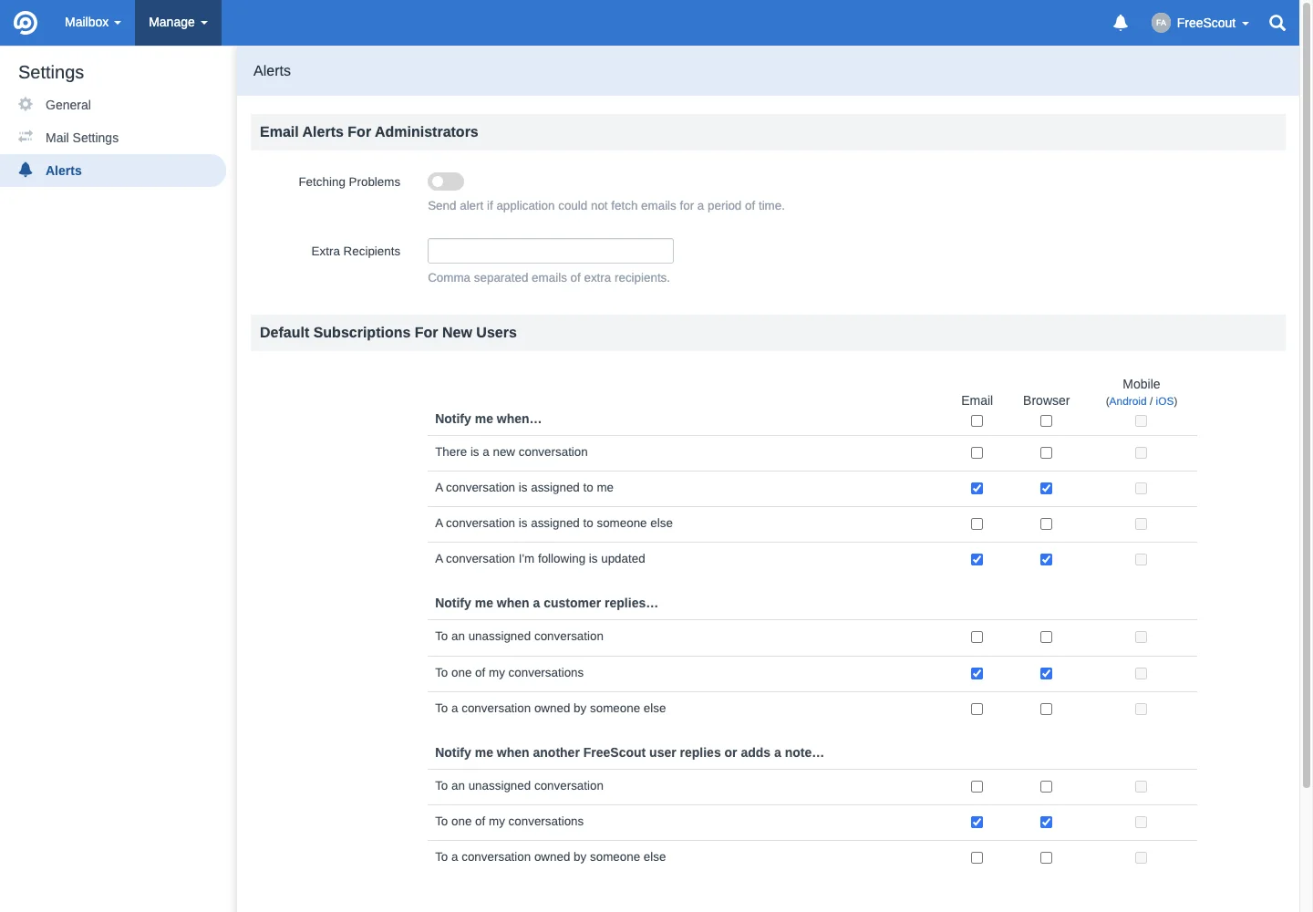 Administrator alert settings in the FreeScout desktop interface