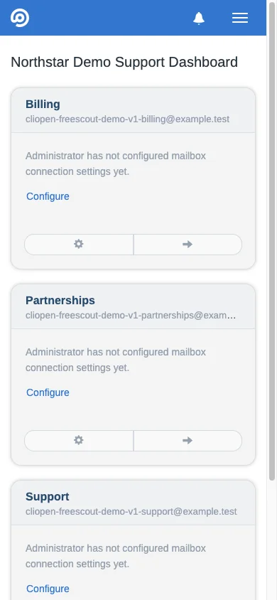 Mobile shared inbox dashboard in the FreeScout mobile interface