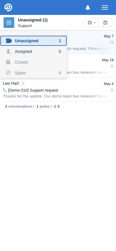Mobile support queue folders in the FreeScout mobile interface