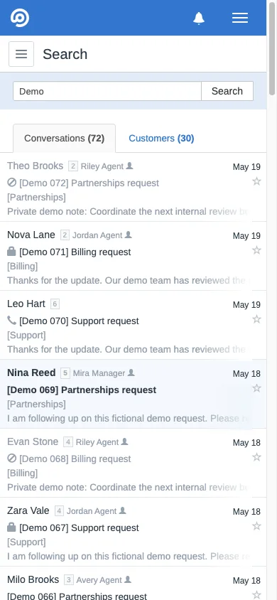 Mobile populated conversation search in the FreeScout mobile interface