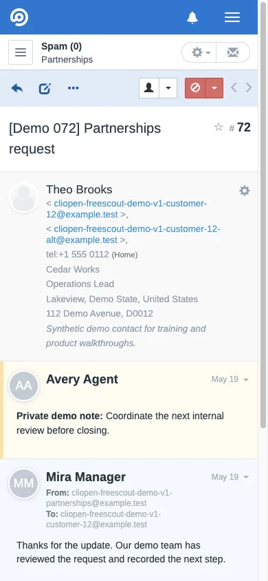 Mobile assigned spam conversation note in the FreeScout mobile interface
