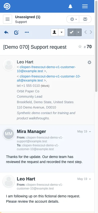 Mobile long pending support conversation in the FreeScout mobile interface