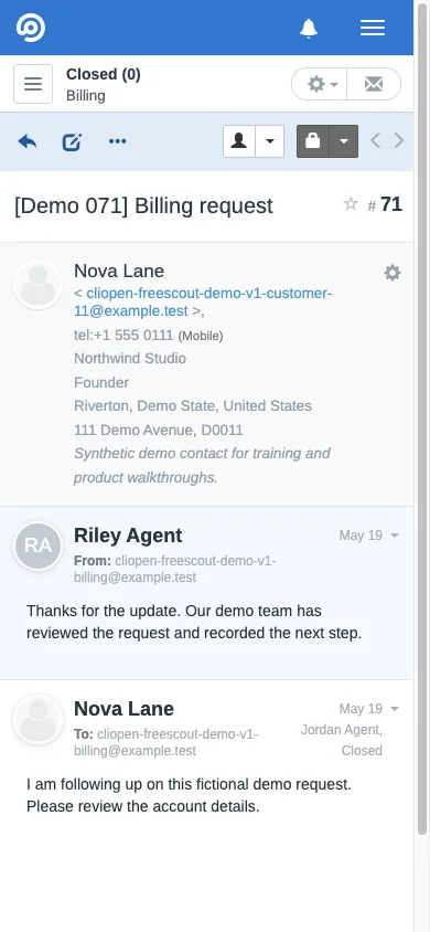 Mobile closed assigned email conversation in the FreeScout mobile interface